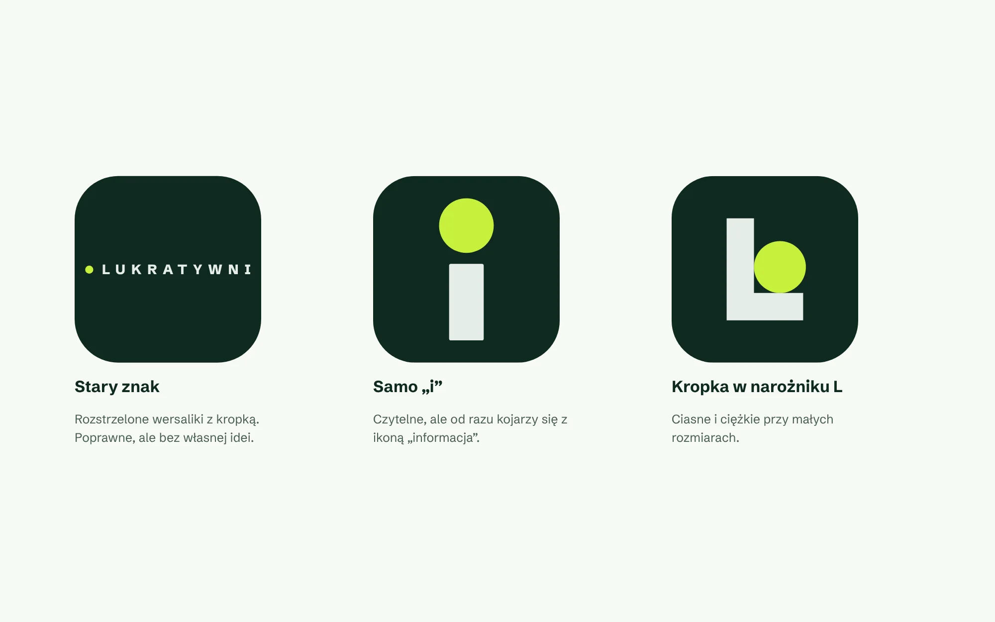 Trzy odrzucone kierunki logo: stary znak z wersalikami, samo i w kwadracie, kropka w narożniku litery L