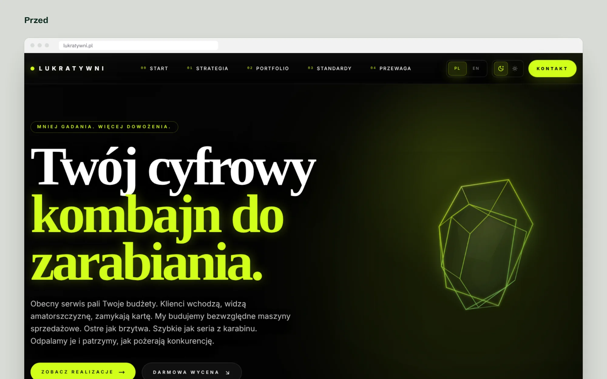 Poprzednia wersja strony LUKRATYWNI: ciemne tło, limonkowe poświaty i kryształ 3D